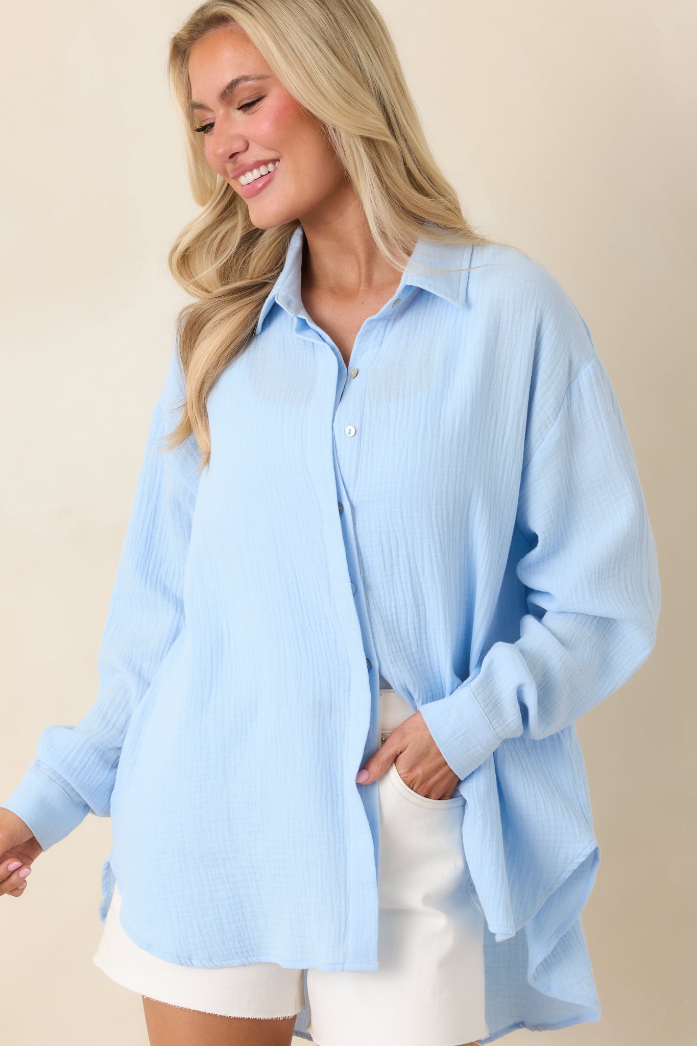 Paradisa Naples Oceana Blue Cotton Button-Up Top