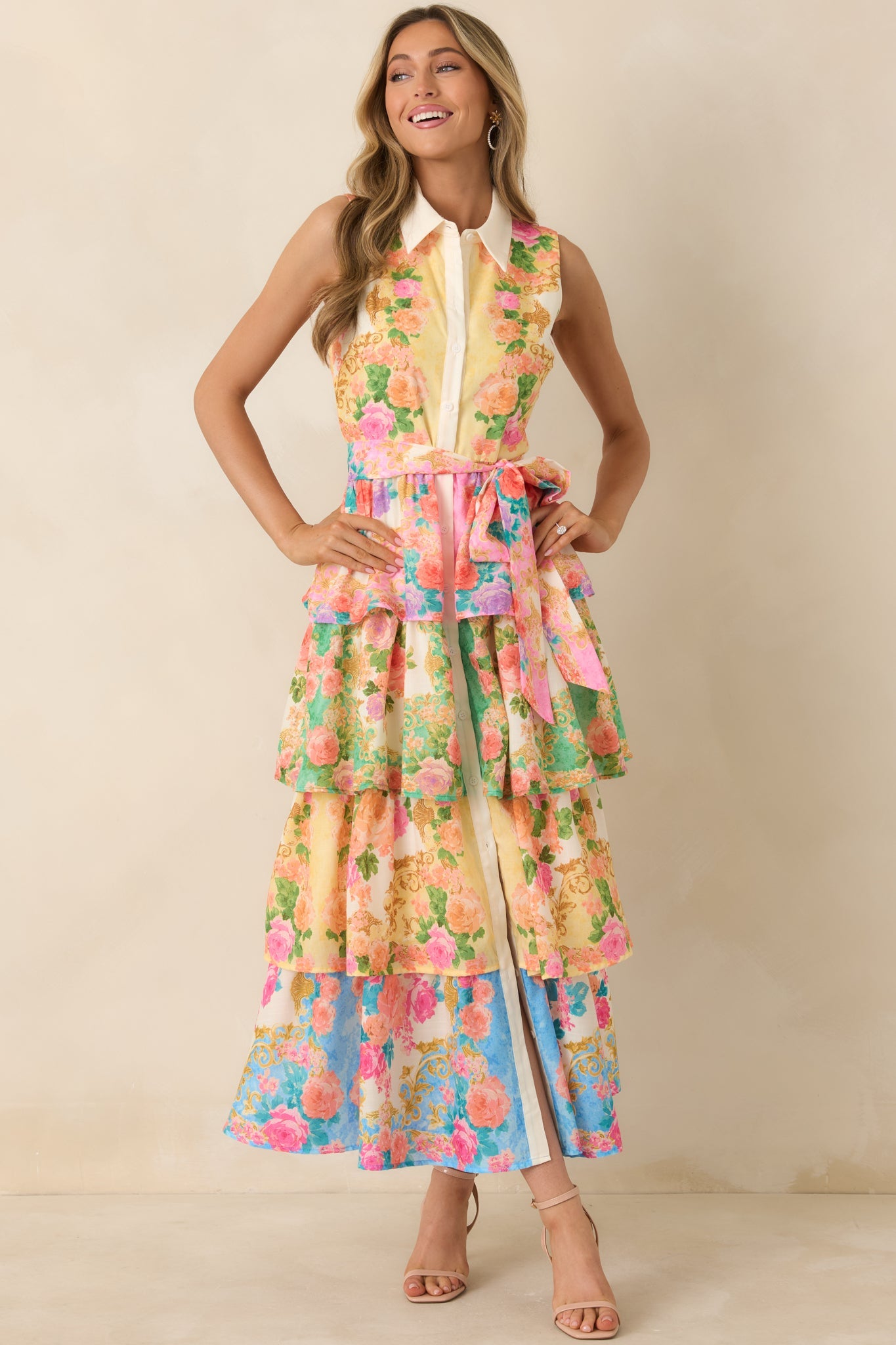 Just A Little Extra Yellow Multi Floral Tiered Midi Dress