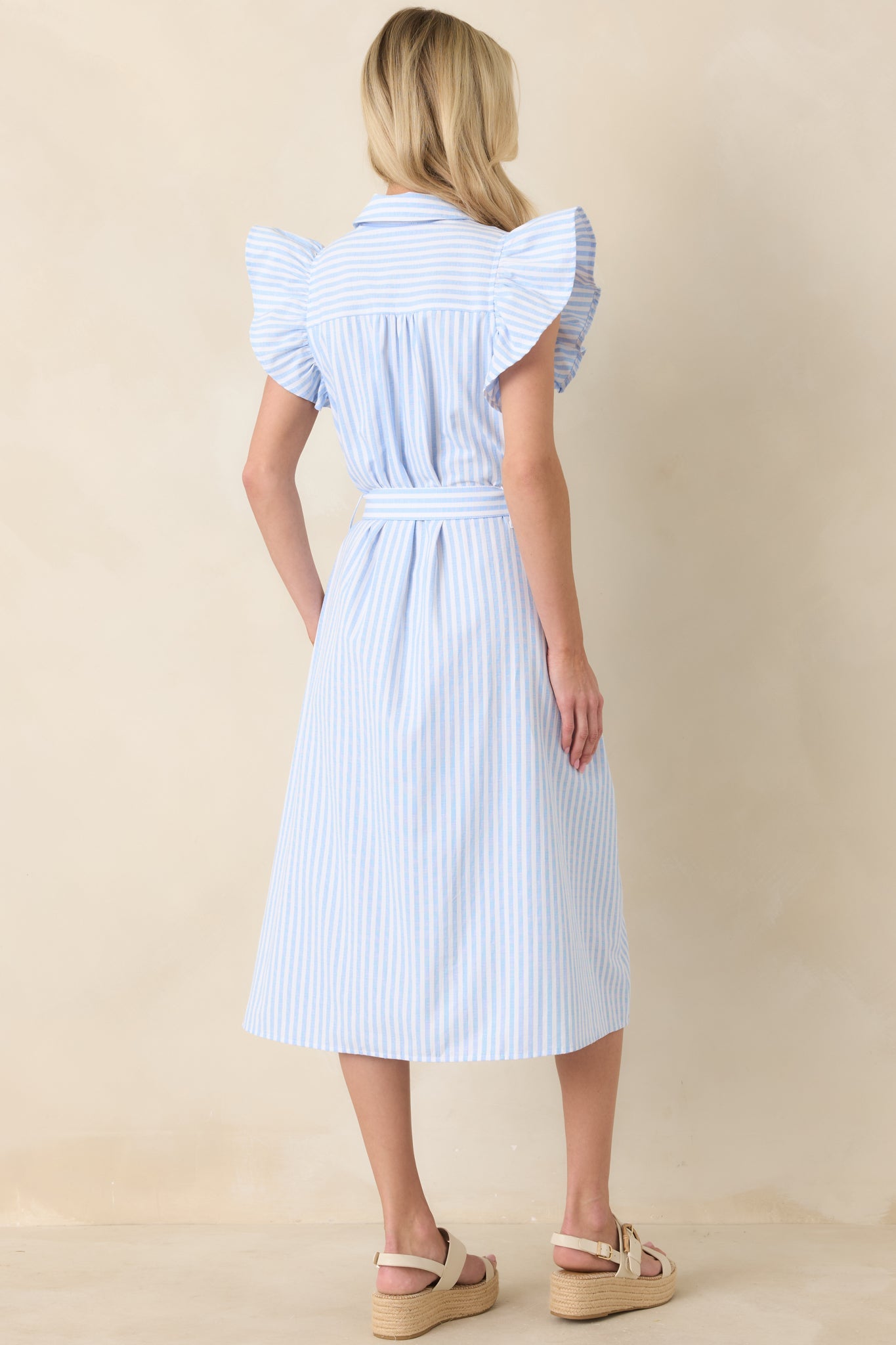 Simple Statement Sky Blue and White Stripe Button Front Midi Dress