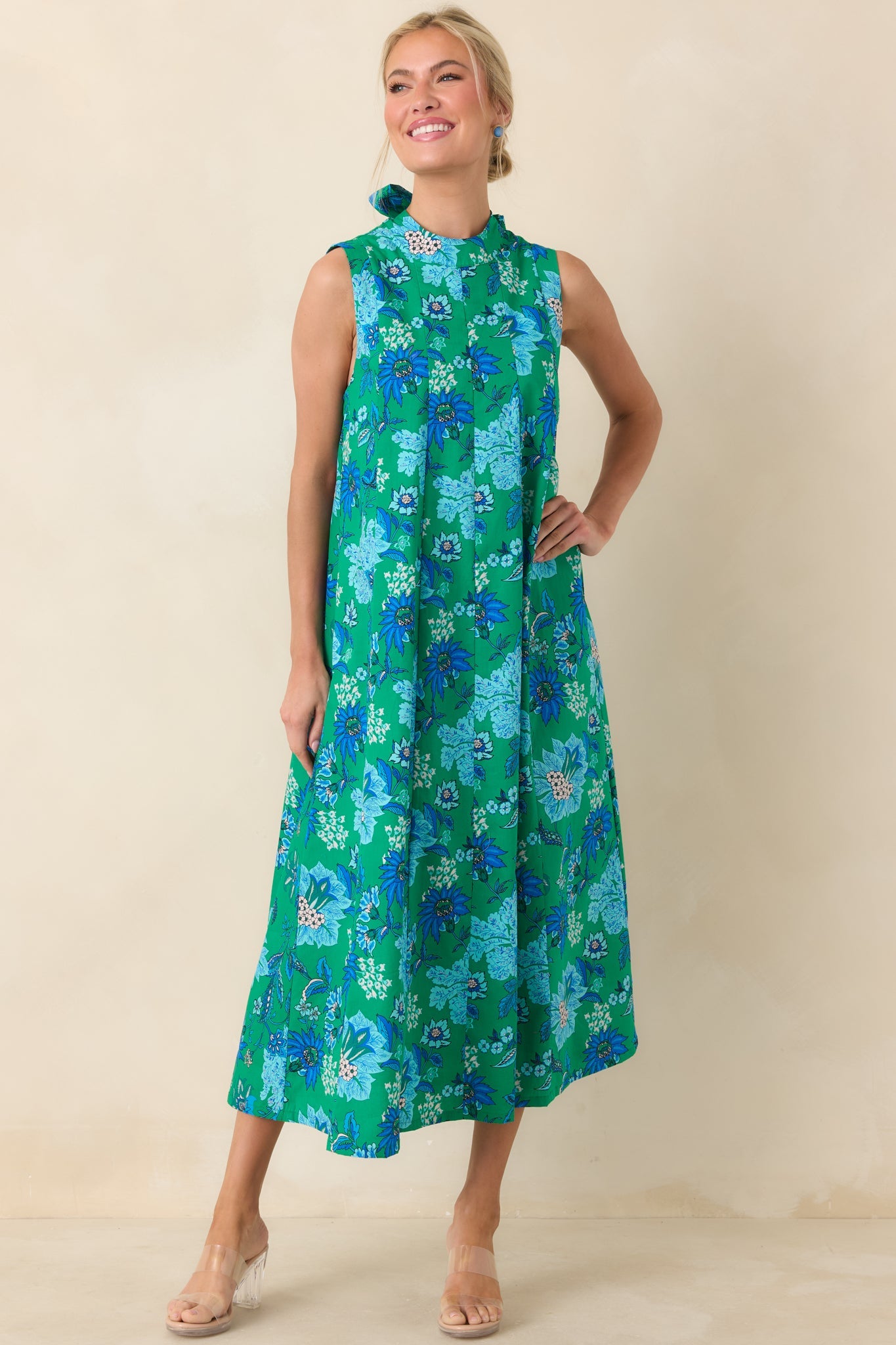 This Changes Things Green & Blue Floral Cotton Tie-Back Keyhole Maxi Dress