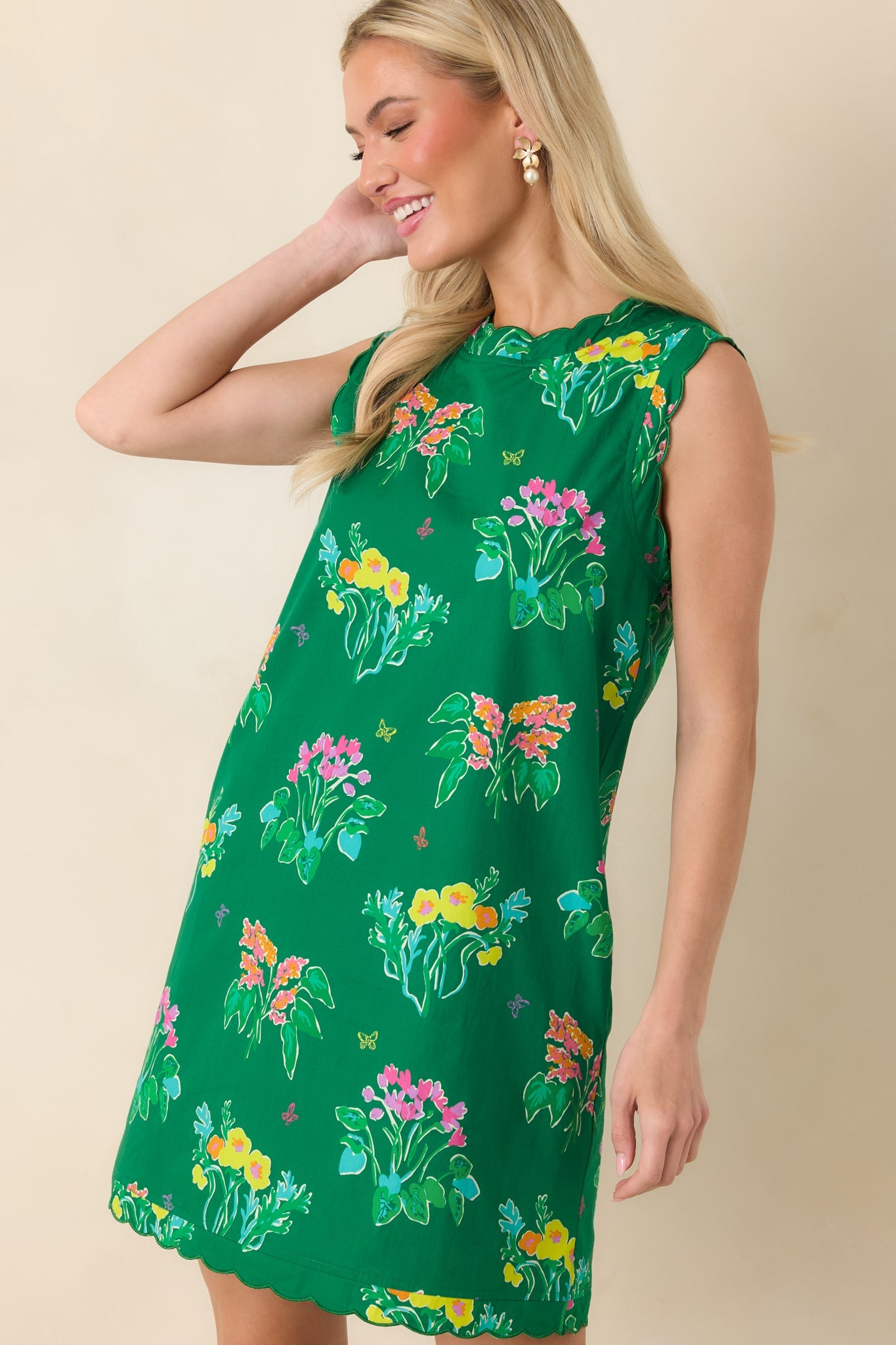 Exclusive: Prosperina Nellie Green Multi Floral Cotton Sleeveless Mini Dress