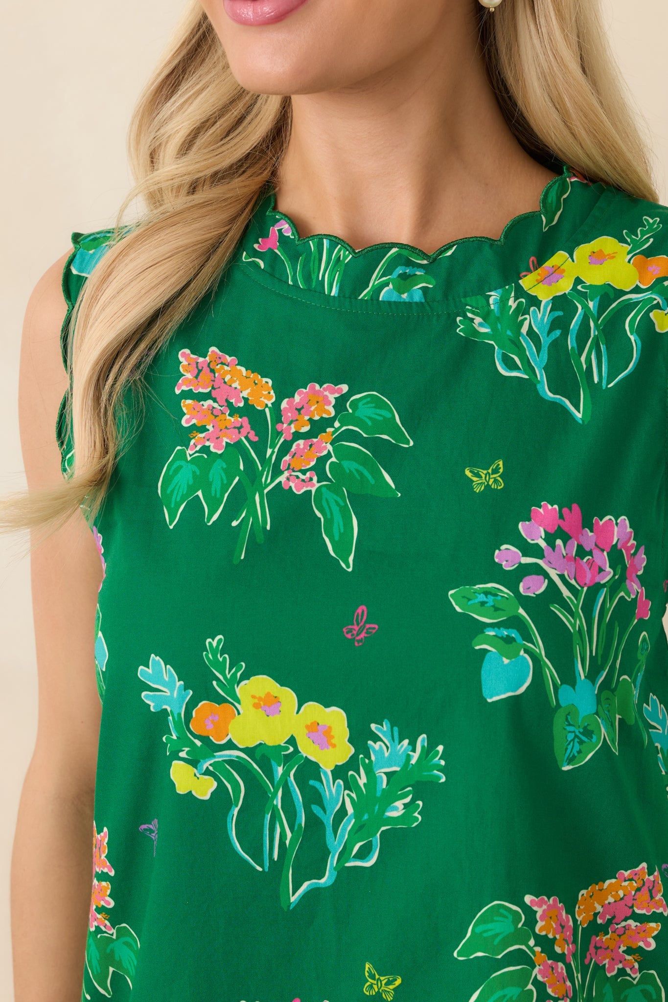 Exclusive: Prosperina Nellie Green Multi Floral Cotton Sleeveless Mini Dress