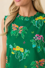 Exclusive: Prosperina Nellie Green Multi Floral Cotton Sleeveless Mini Dress