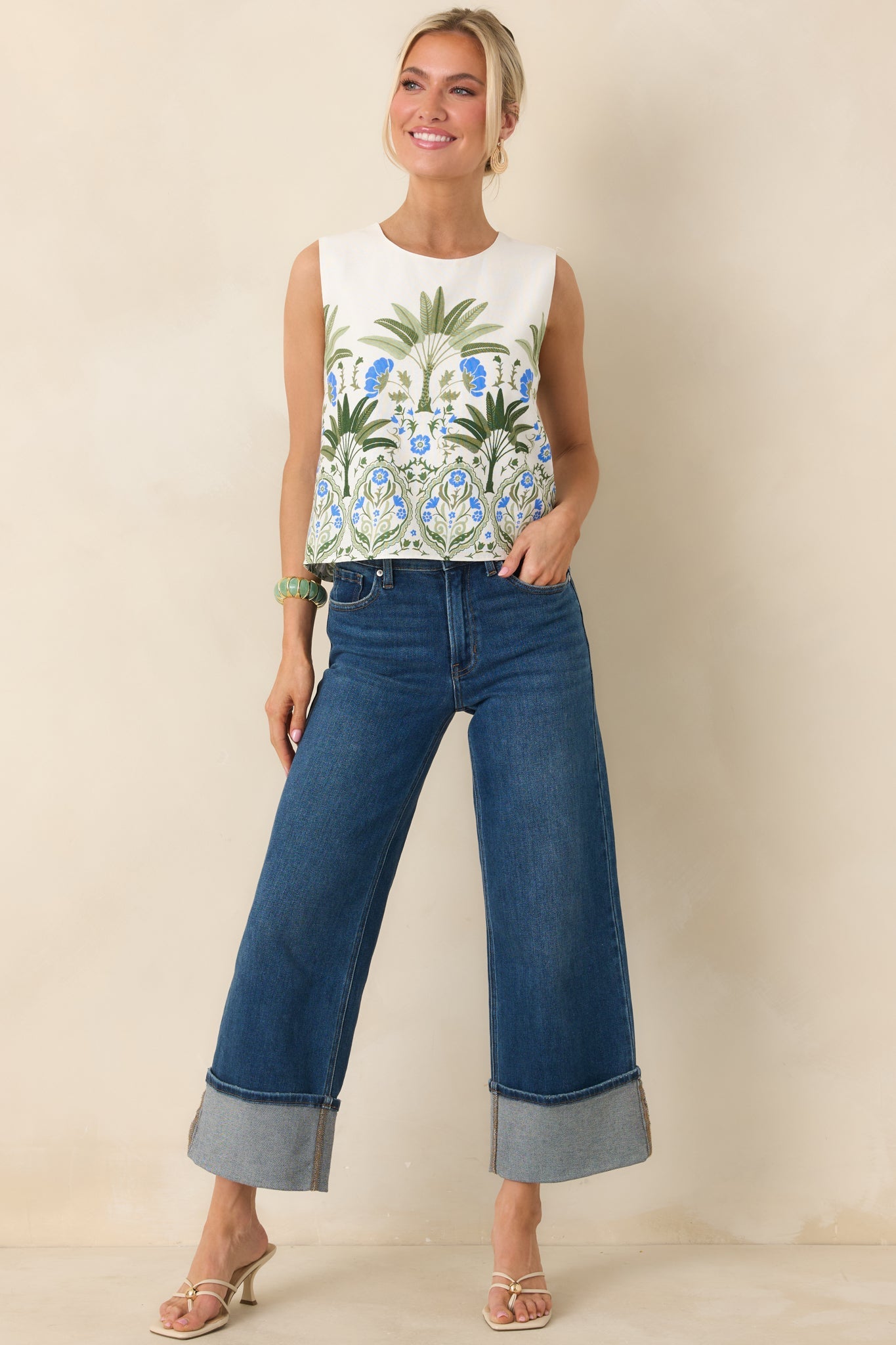 Capri Courtyard Ivory Multi Floral & Palm Sleeveless Top