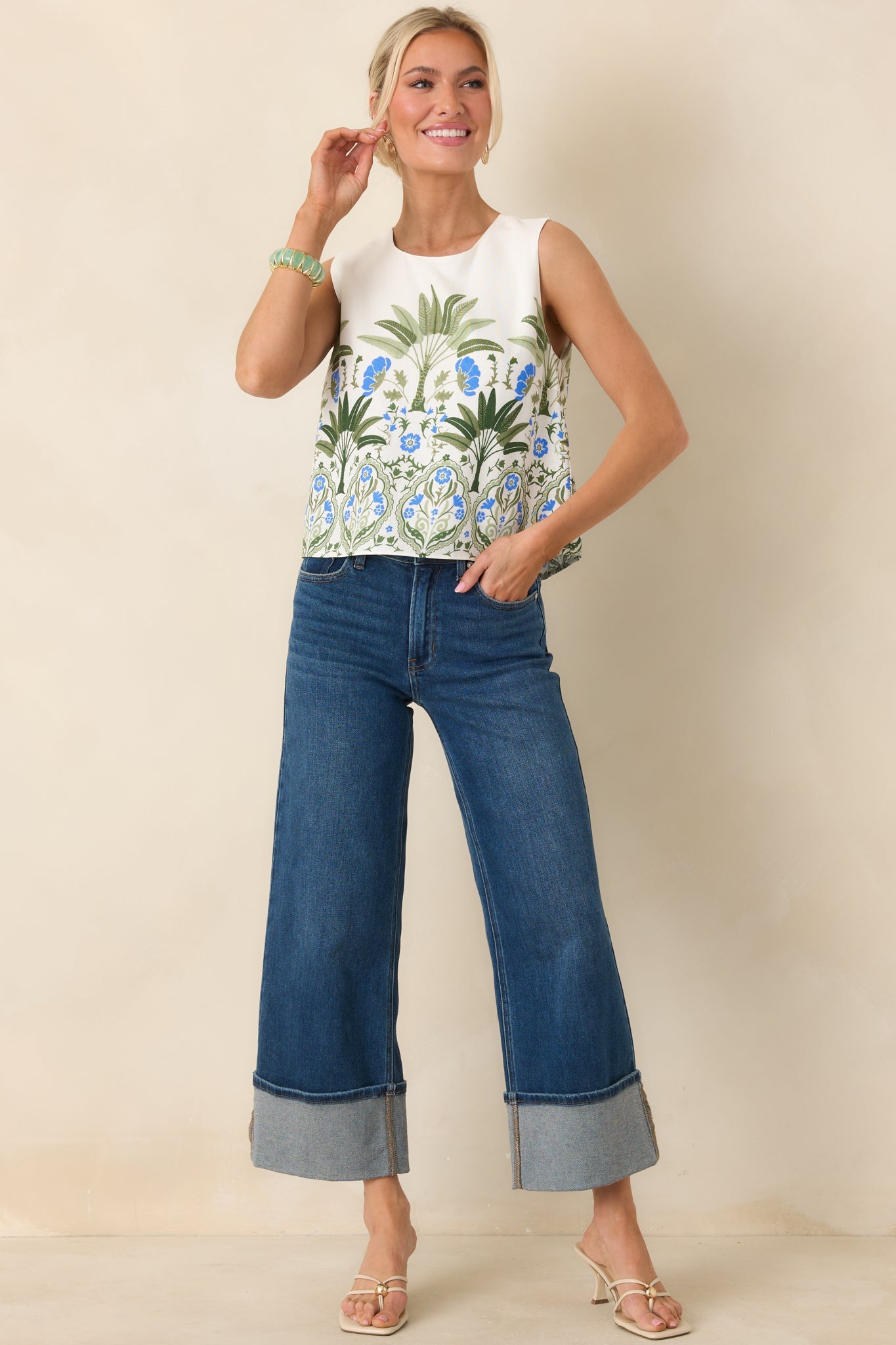 Capri Courtyard Ivory Multi Floral & Palm Sleeveless Top