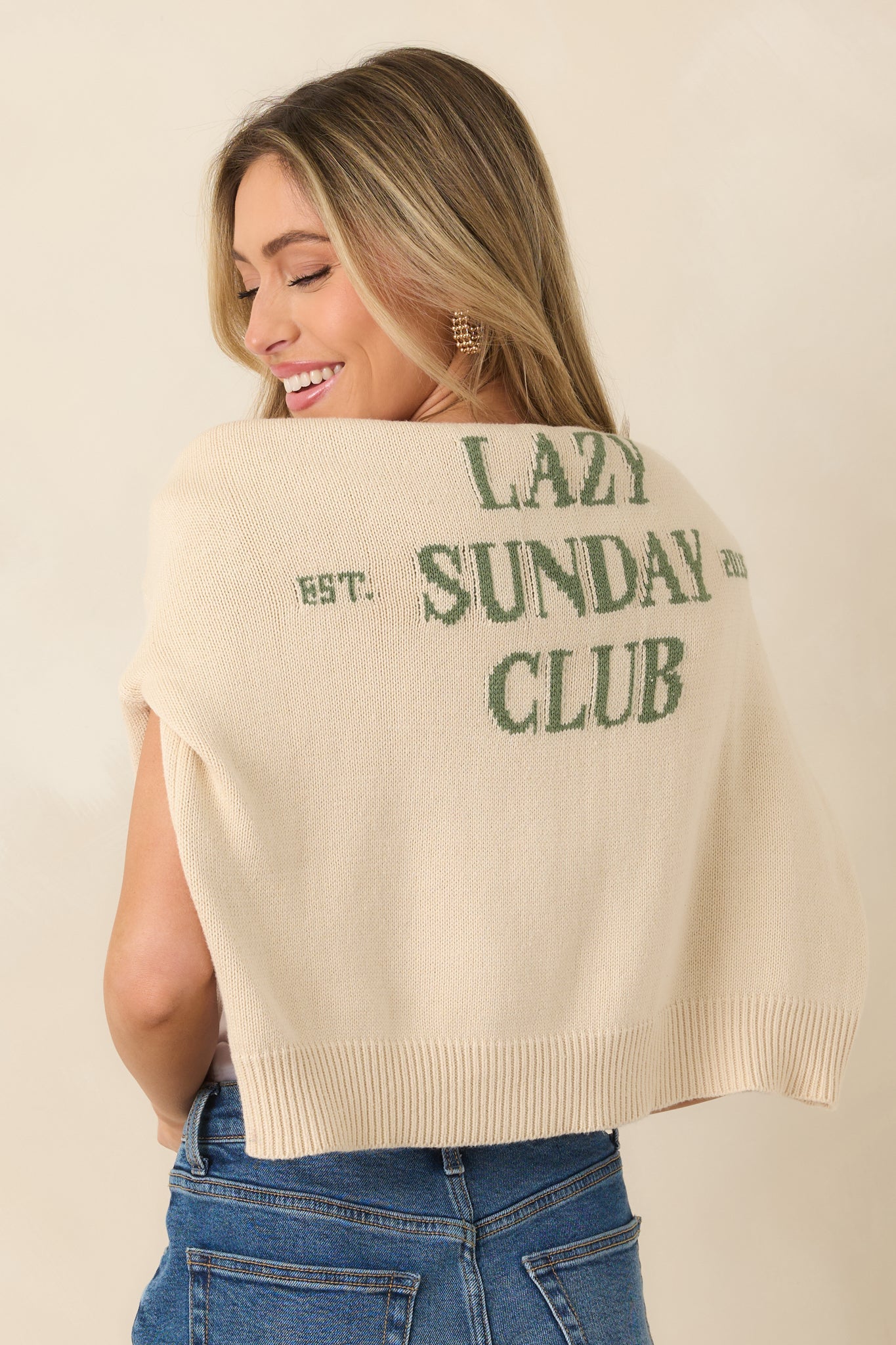 Lazy Sunday Club Ivory Graphic Knit Crewneck Sweater