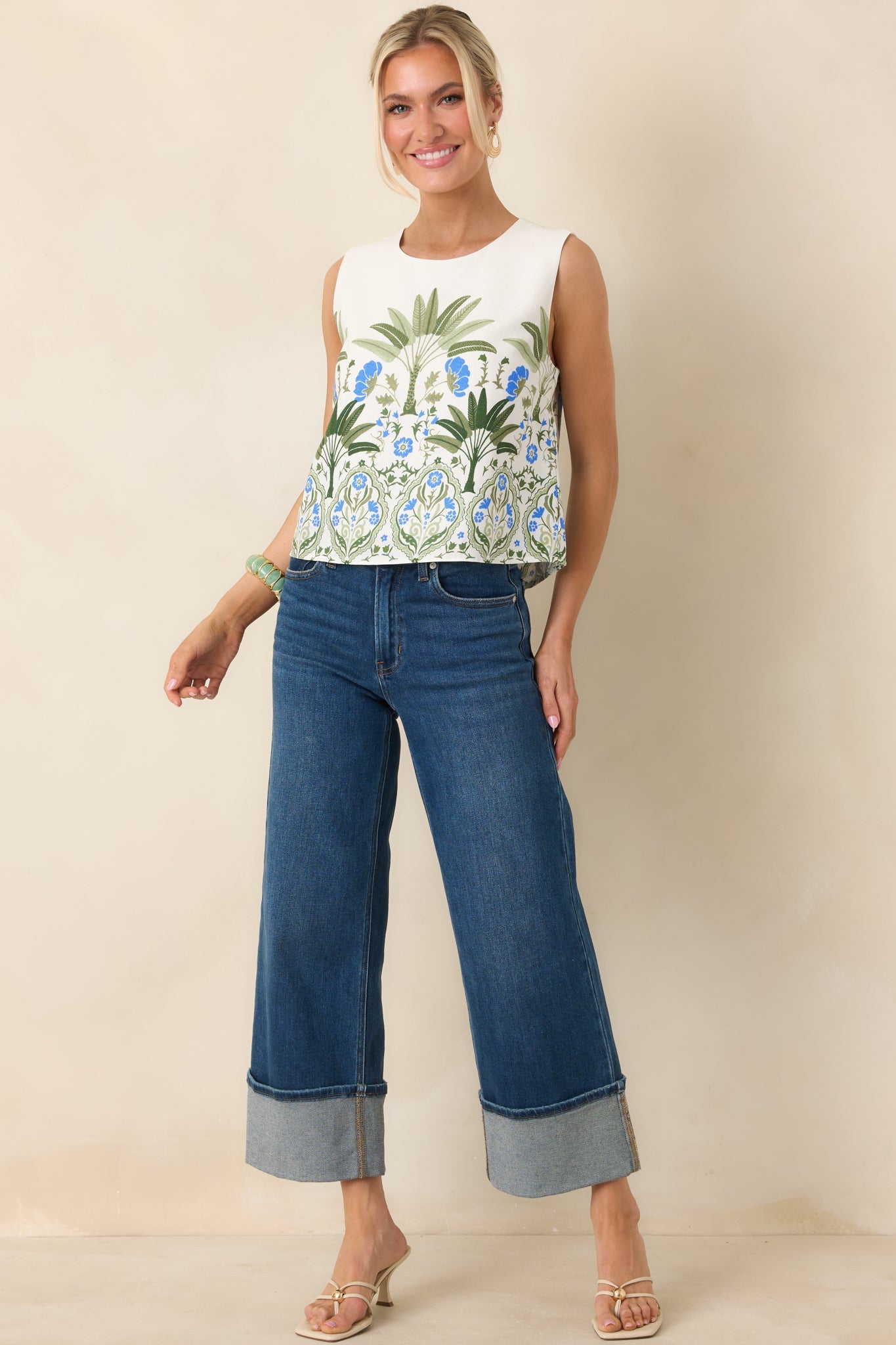 Capri Courtyard Ivory Multi Floral & Palm Sleeveless Top