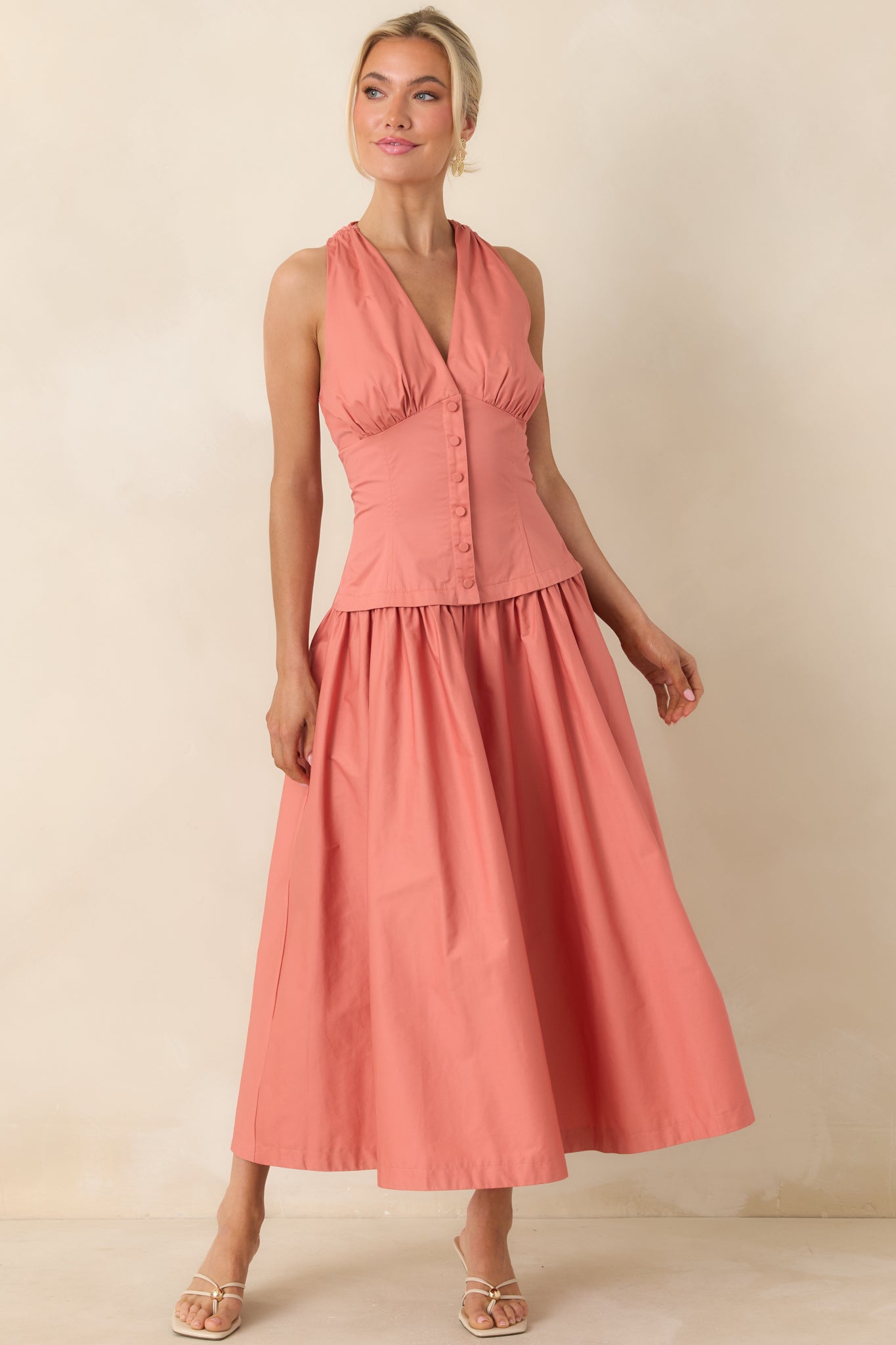 In the Warm Breeze Coral Orange Cotton Structured Bodice Sleeveless Midi Dress
