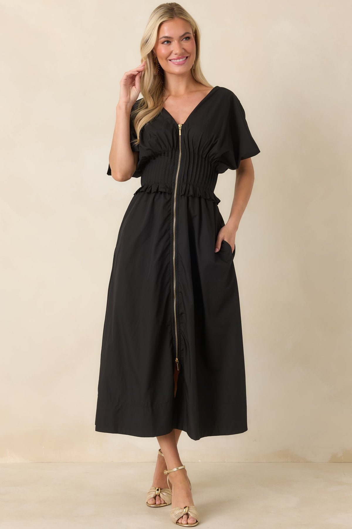 Let It Be Easy Black Smocked Waist Zip Maxi Dress