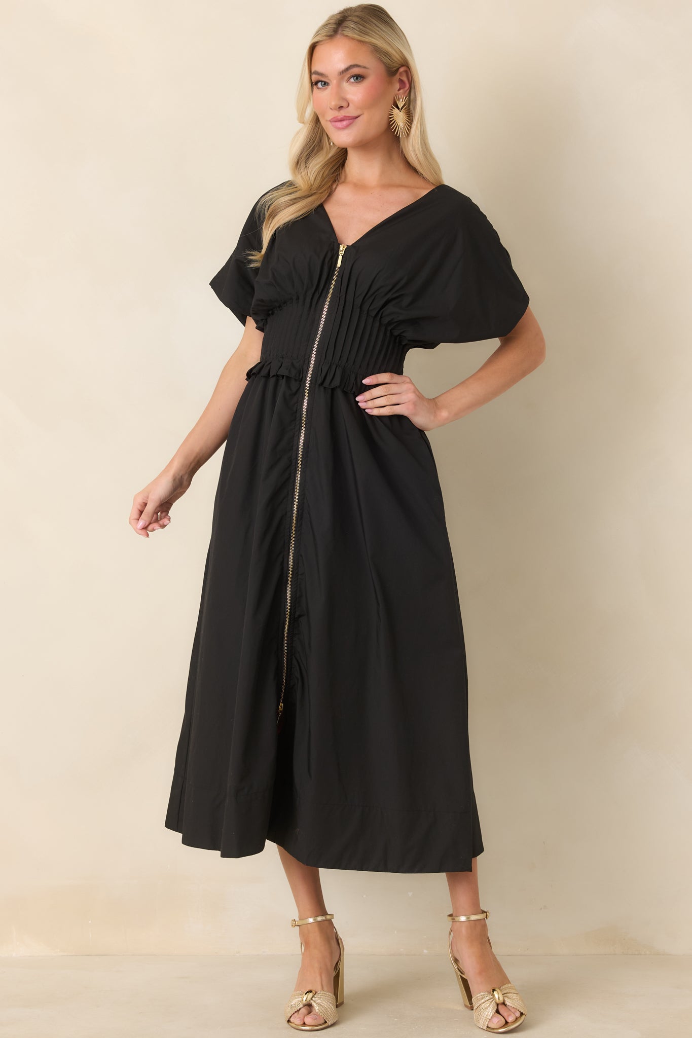 Let It Be Easy Black Smocked Waist Zip Maxi Dress