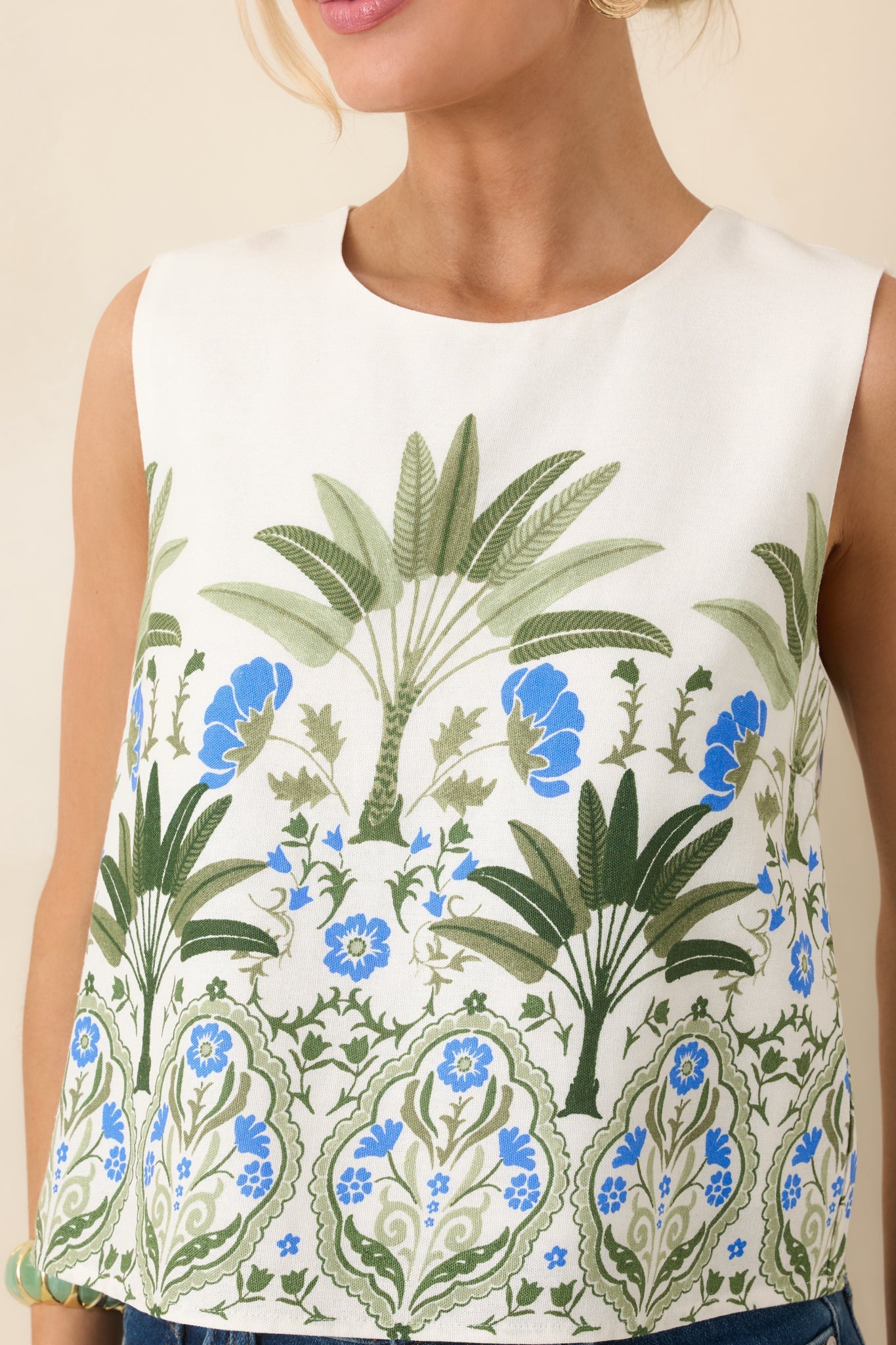 Capri Courtyard Ivory Multi Floral & Palm Sleeveless Top