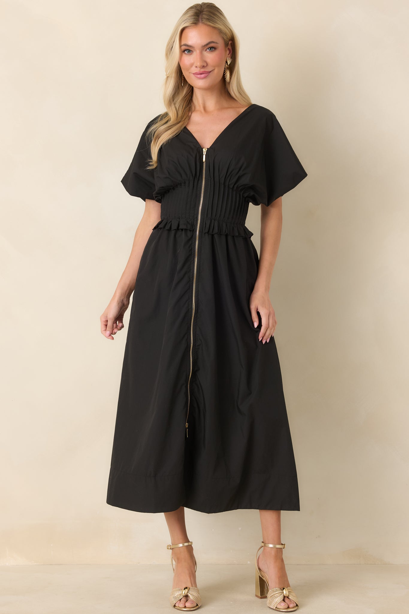 Let It Be Easy Black Smocked Waist Zip Maxi Dress
