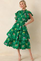 Prosperina Maris Green Multi Floral Cotton Tiered Ruffle Midi Dress