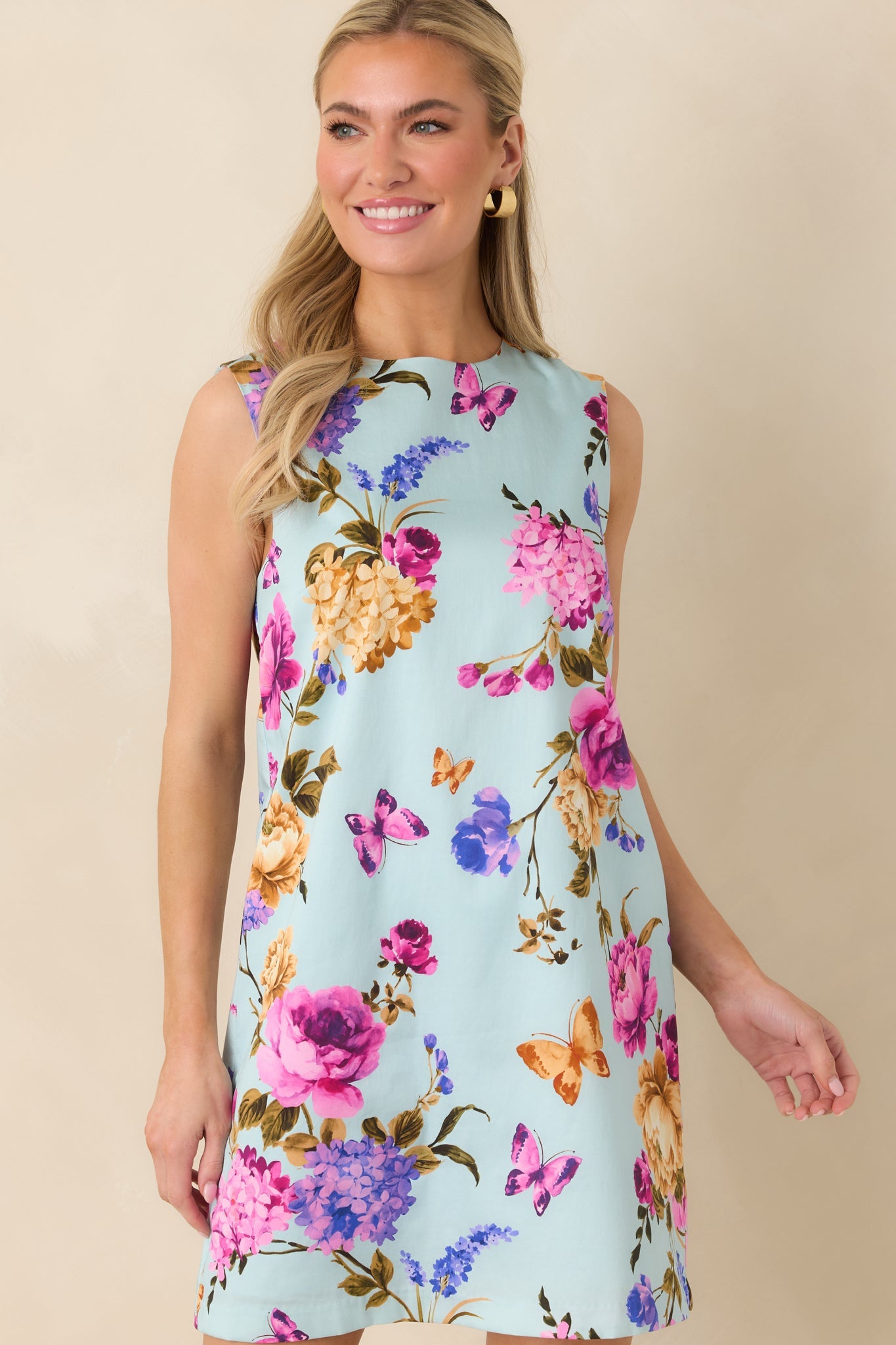 Prosperina Emily Blue Multi Floral Cotton Shift Mini Dress