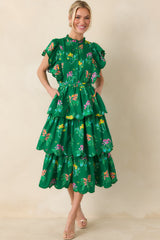 Prosperina Maris Green Multi Floral Cotton Tiered Ruffle Midi Dress