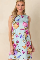 Prosperina Emily Blue Multi Floral Cotton Shift Mini Dress