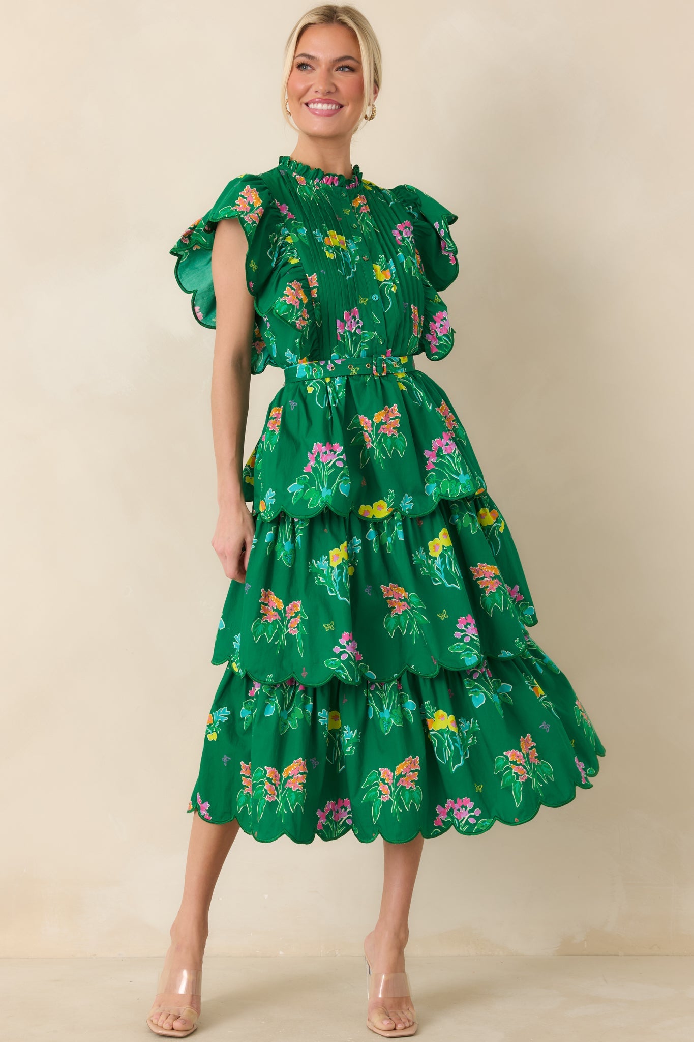 Prosperina Maris Green Multi Floral Cotton Tiered Ruffle Midi Dress