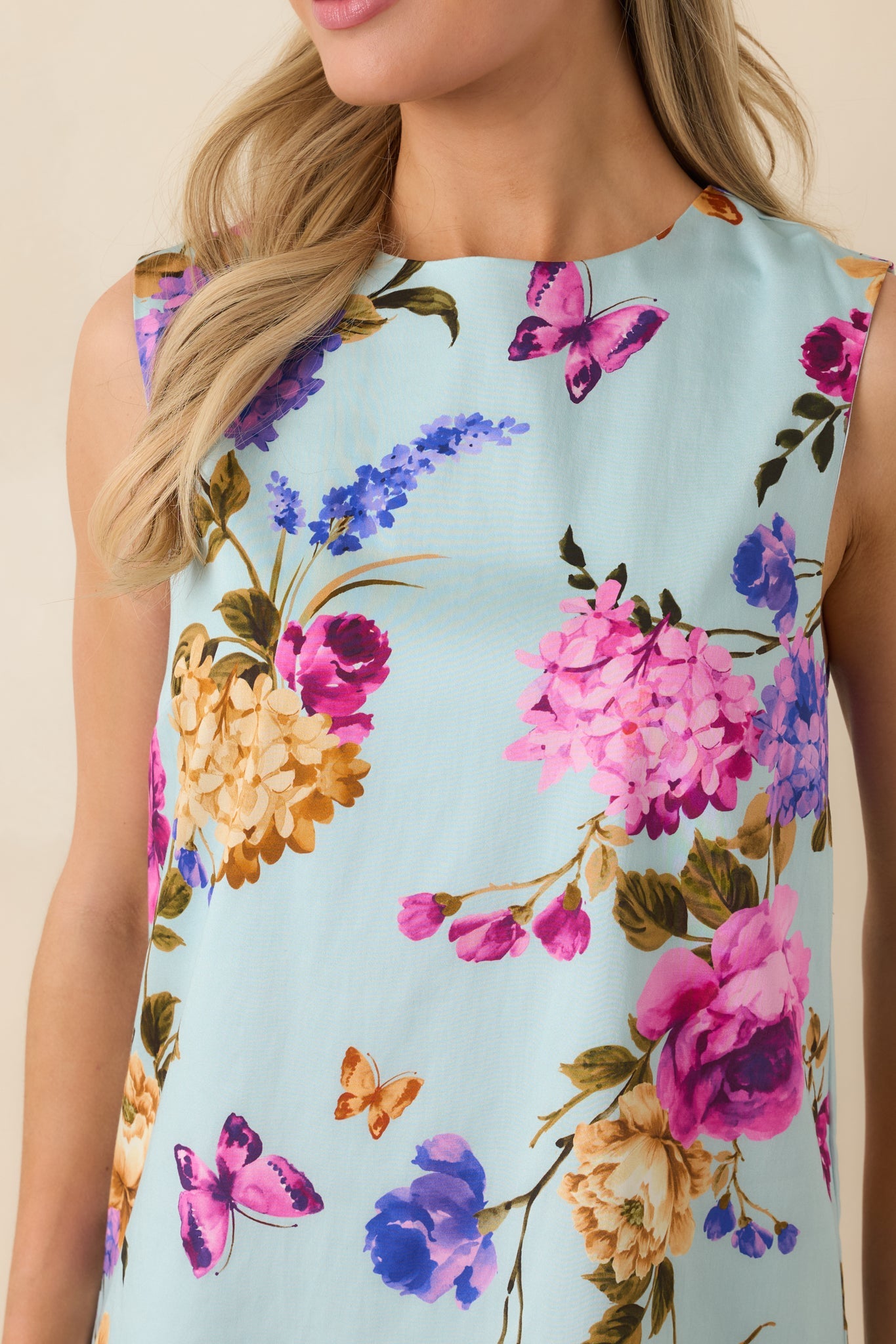 Prosperina Emily Blue Multi Floral Cotton Shift Mini Dress