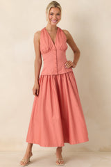 In the Warm Breeze Coral Orange Cotton Structured Bodice Sleeveless Midi Dress