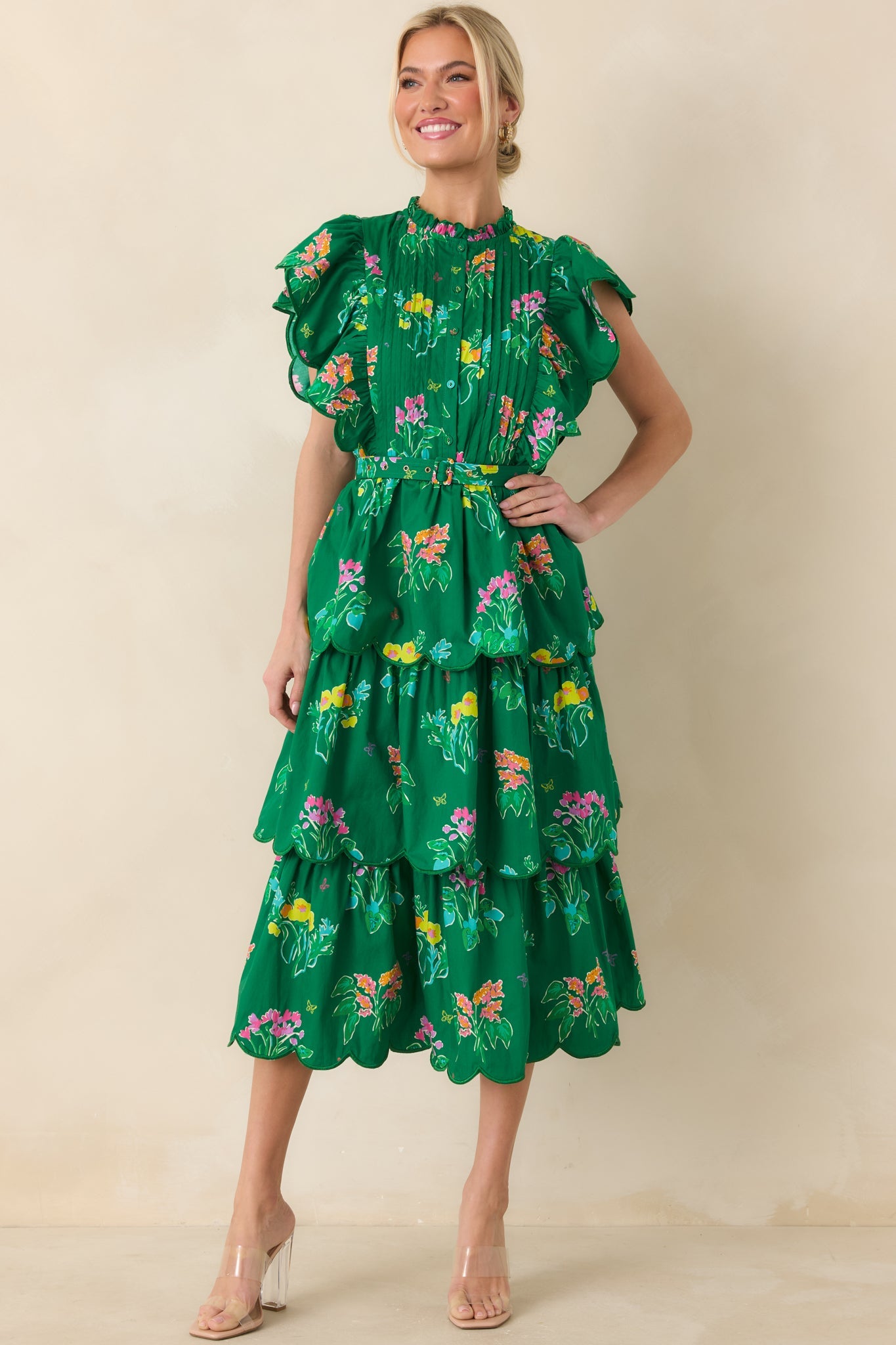Prosperina Maris Green Multi Floral Cotton Tiered Ruffle Midi Dress