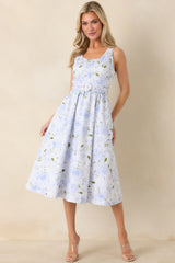 Prosperina Ava Light Blue Floral Cotton Belted Midi Dress