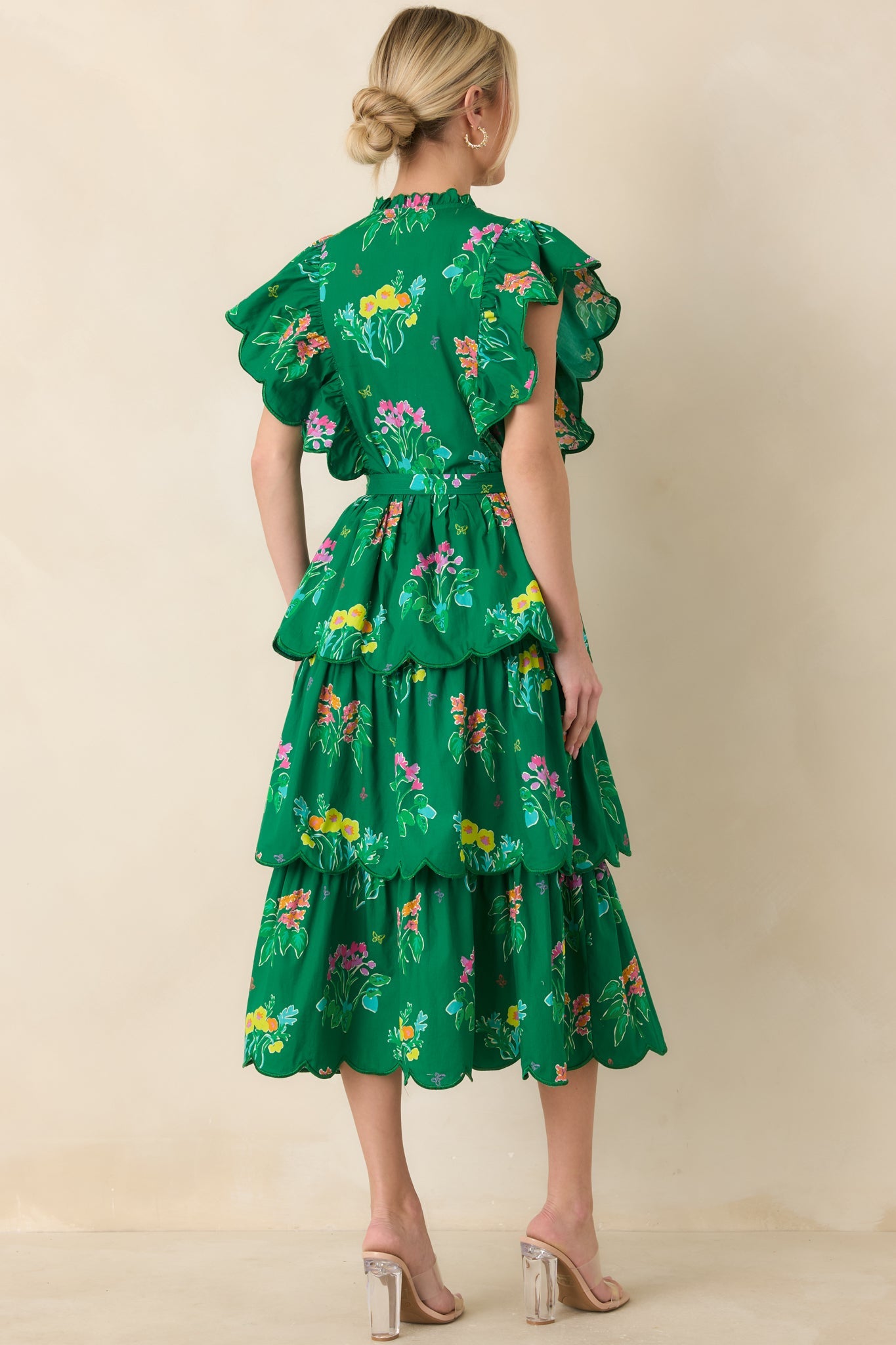 Prosperina Maris Green Multi Floral Cotton Tiered Ruffle Midi Dress