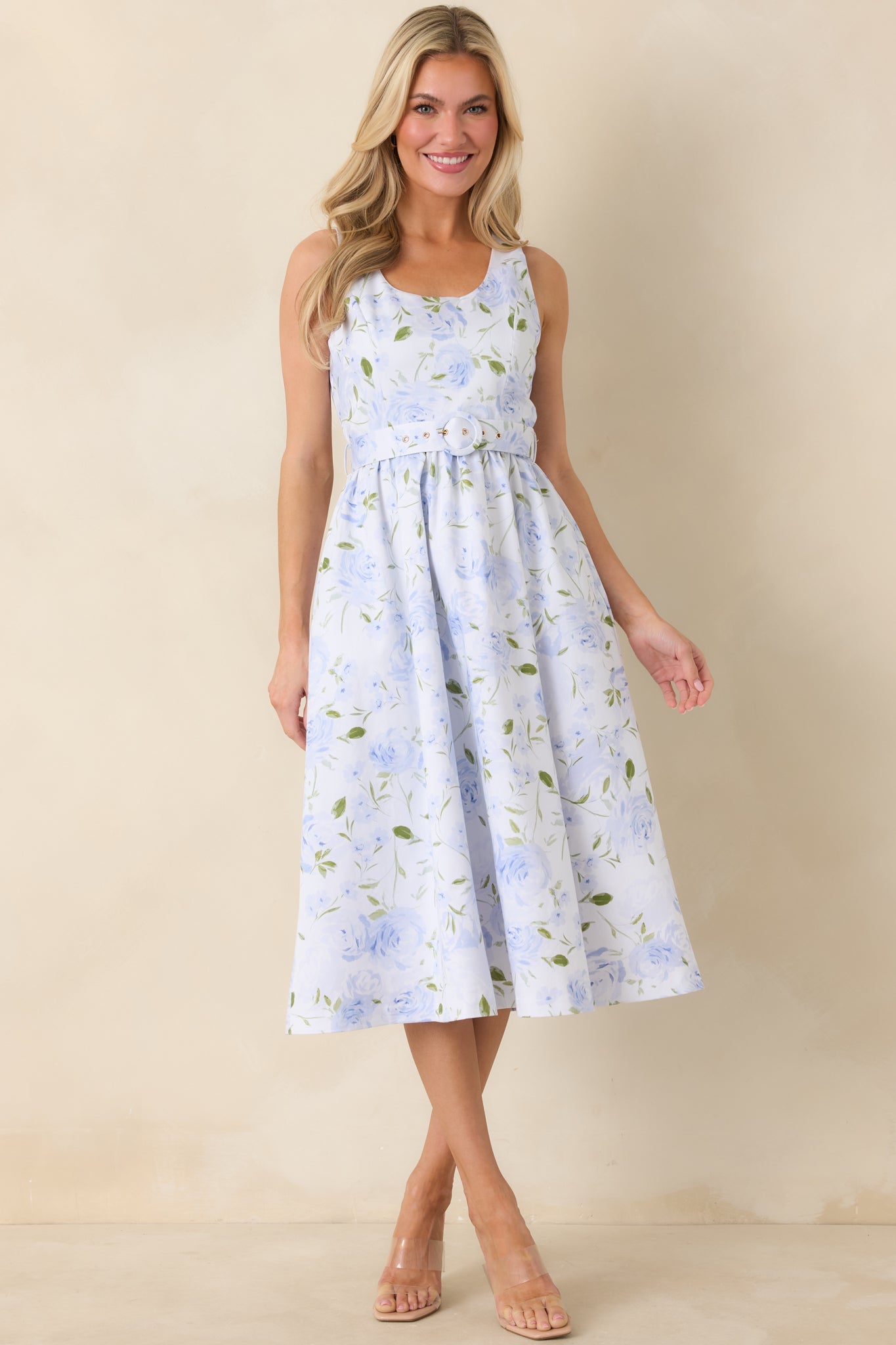 Prosperina Ava Light Blue Floral Cotton Belted Midi Dress
