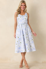 Prosperina Ava Light Blue Floral Cotton Belted Midi Dress