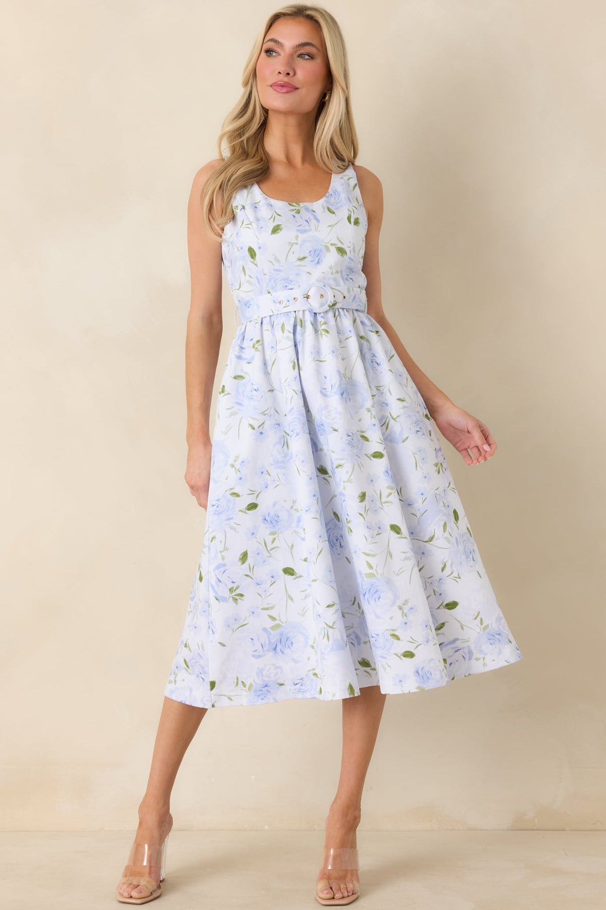 Prosperina Ava Light Blue Floral Cotton Belted Midi Dress
