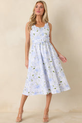 Prosperina Ava Light Blue Floral Cotton Belted Midi Dress