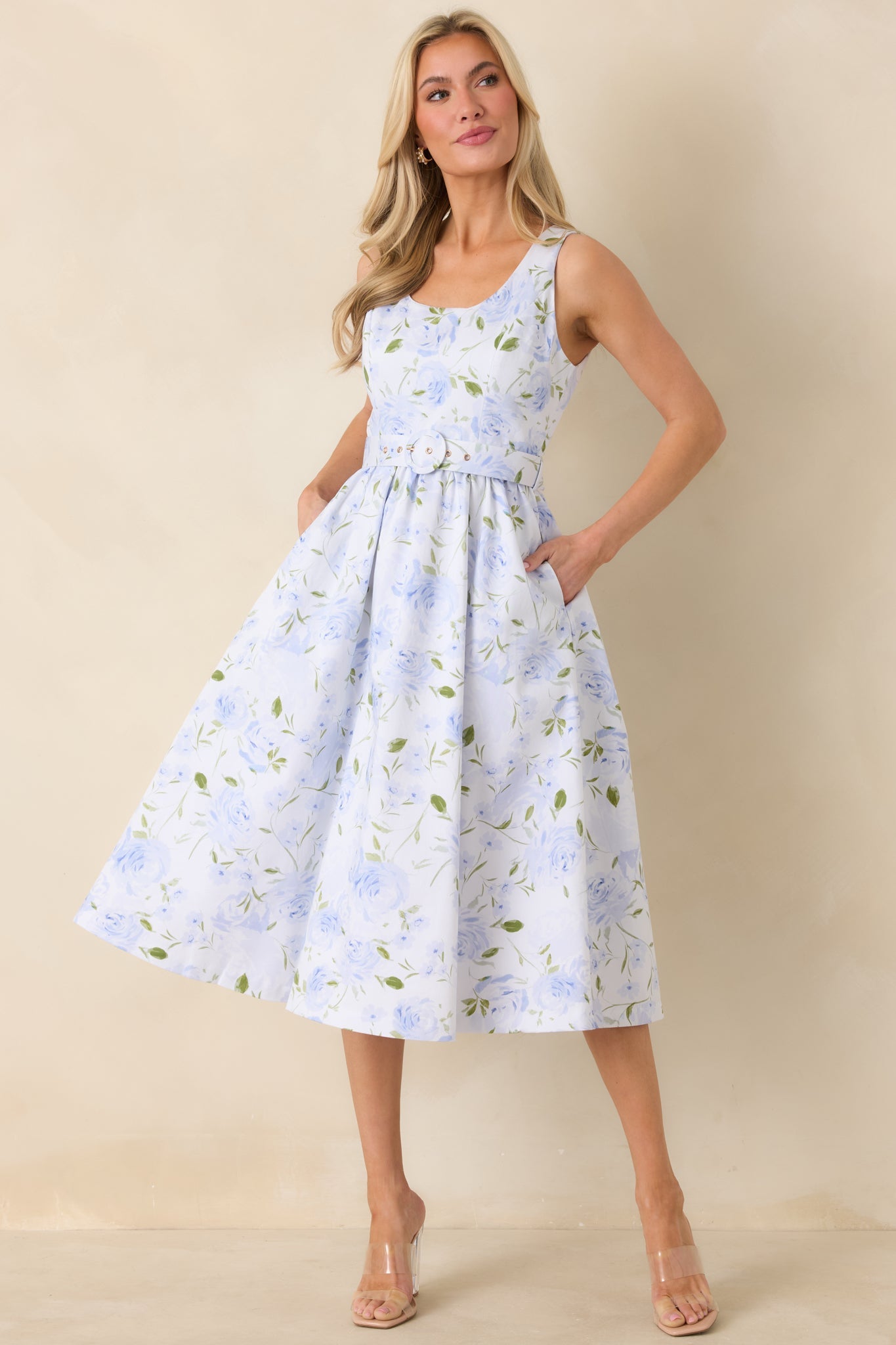 Prosperina Ava Light Blue Floral Cotton Belted Midi Dress