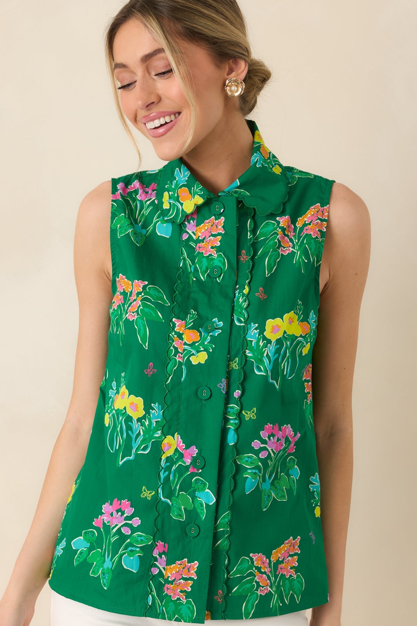 Prosperina Hope Green Multi Floral Cotton Sleeveless Top