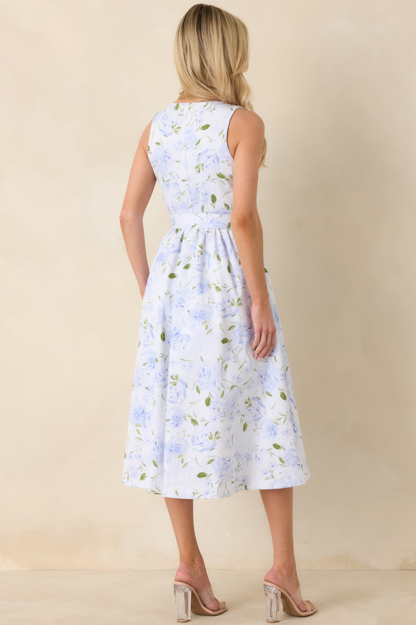 Prosperina Ava Light Blue Floral Cotton Belted Midi Dress