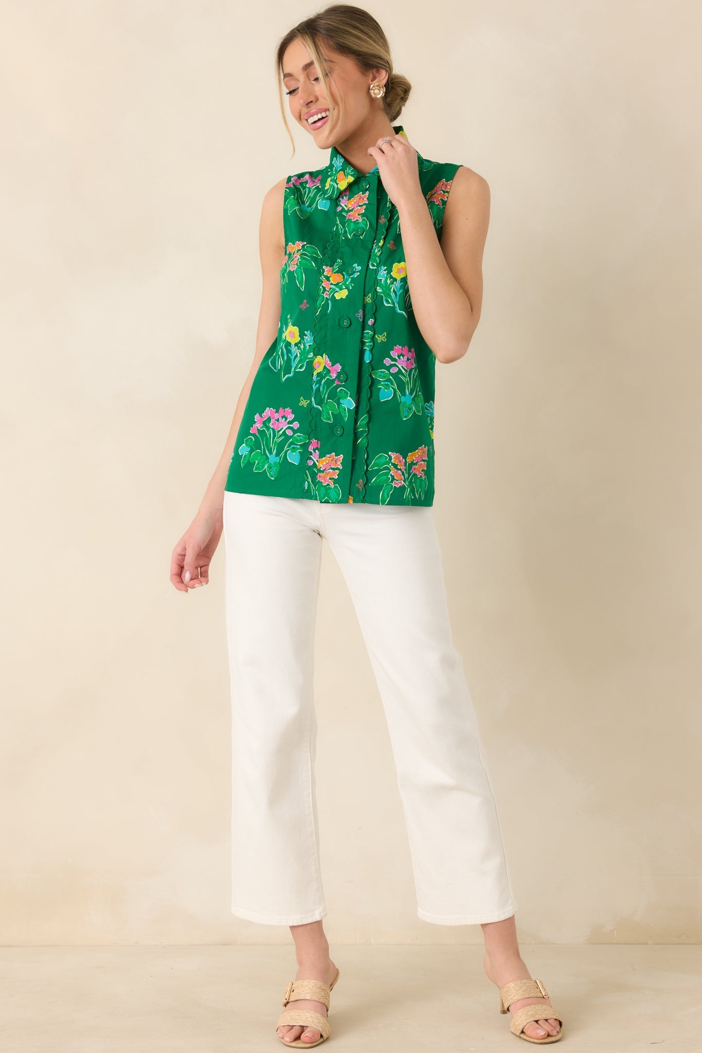 Prosperina Hope Green Multi Floral Cotton Sleeveless Top