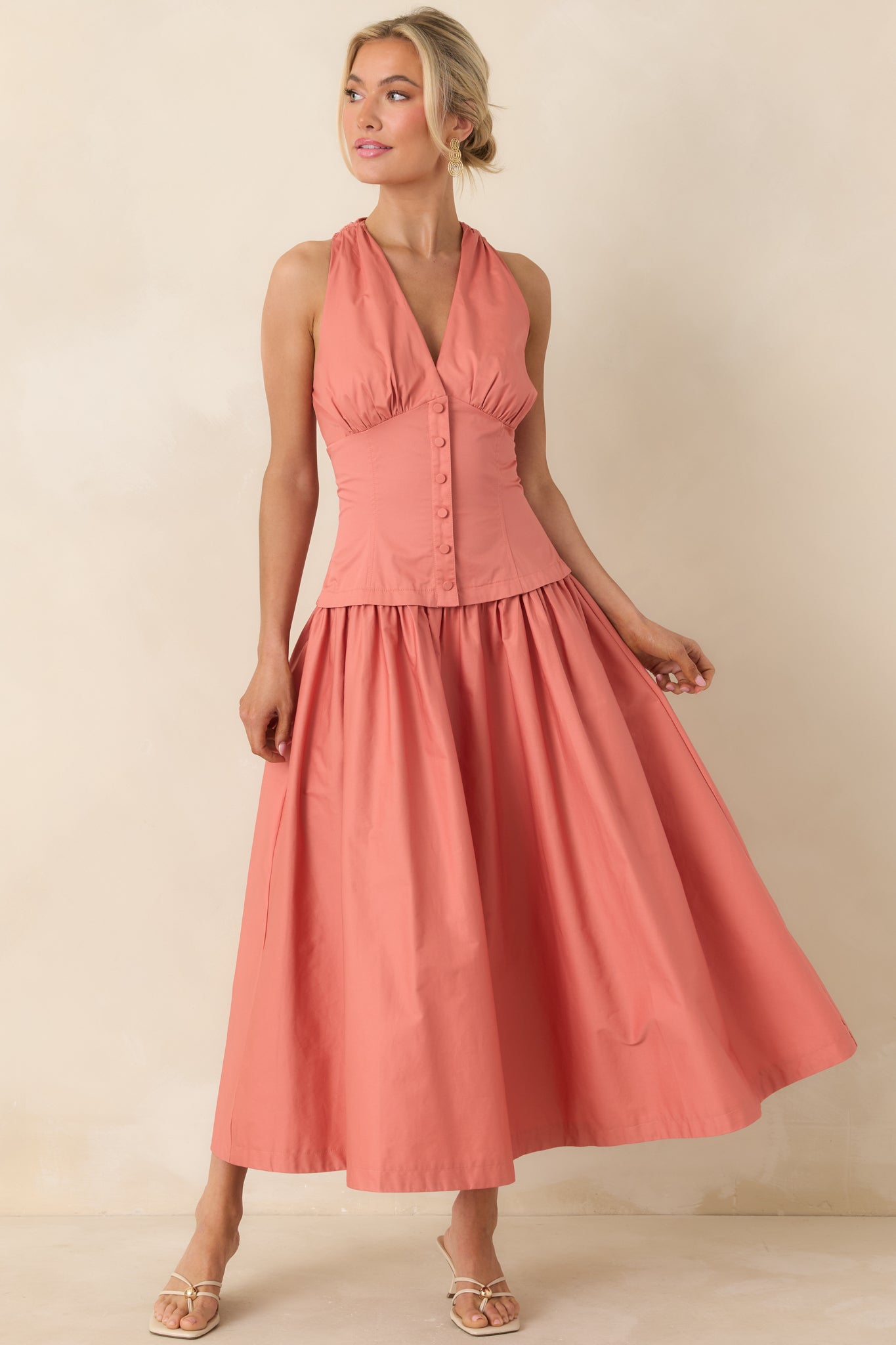 In the Warm Breeze Coral Orange Cotton Structured Bodice Sleeveless Midi Dress