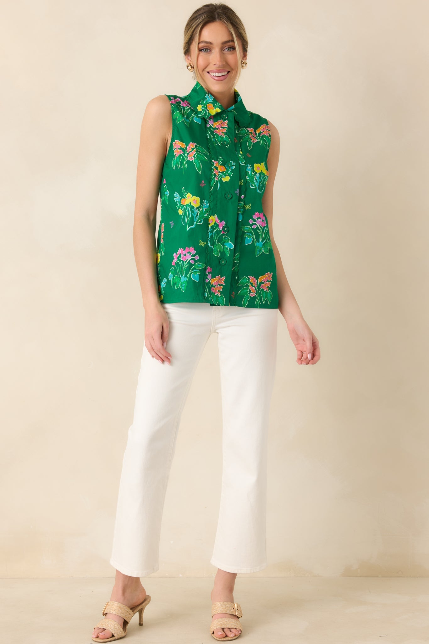 Prosperina Hope Green Multi Floral Cotton Sleeveless Top