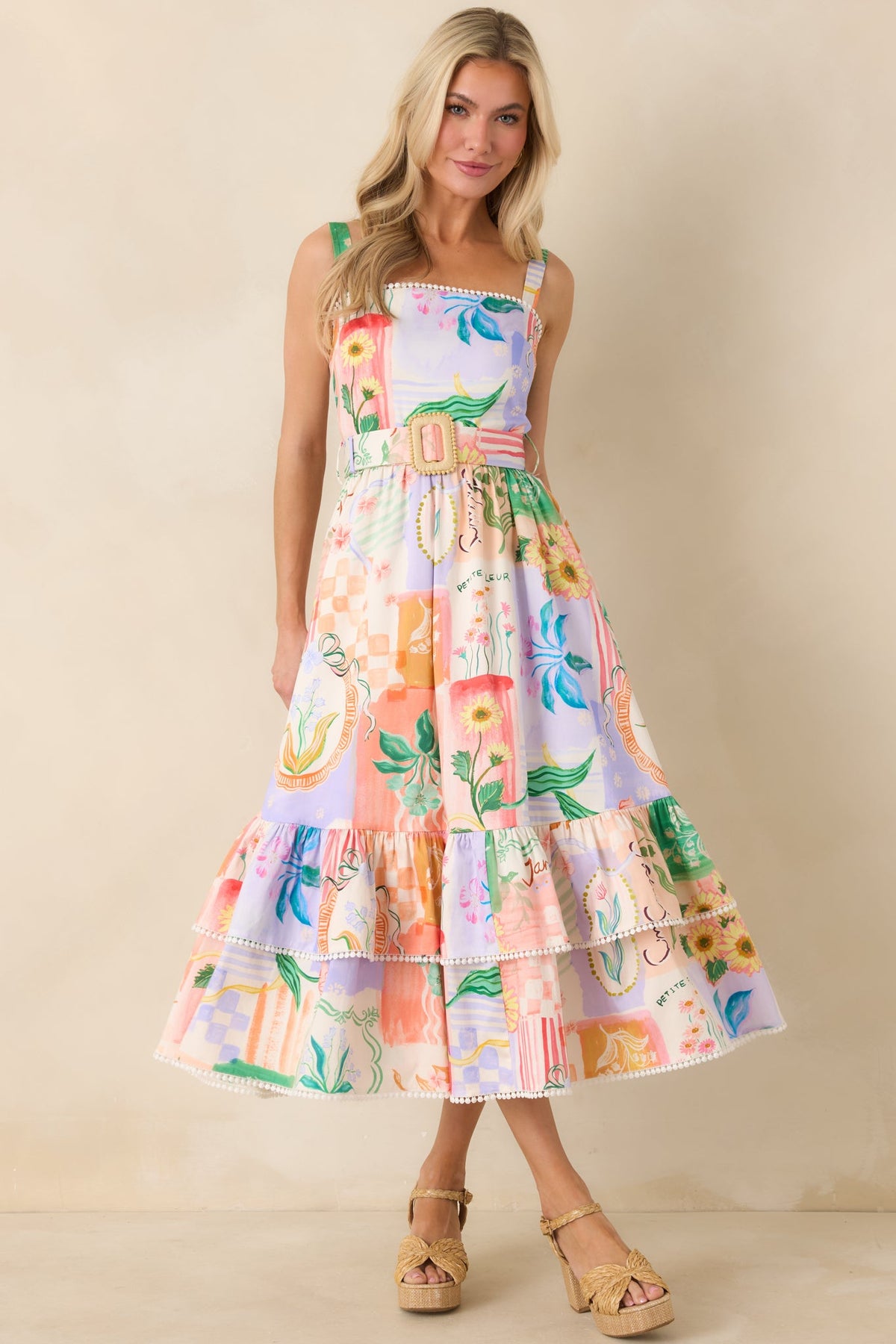 Prosperina Cassandra Peach Multi Floral Cotton Midi Dress