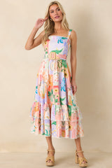 Prosperina Cassandra Peach Multi Floral Cotton Midi Dress
