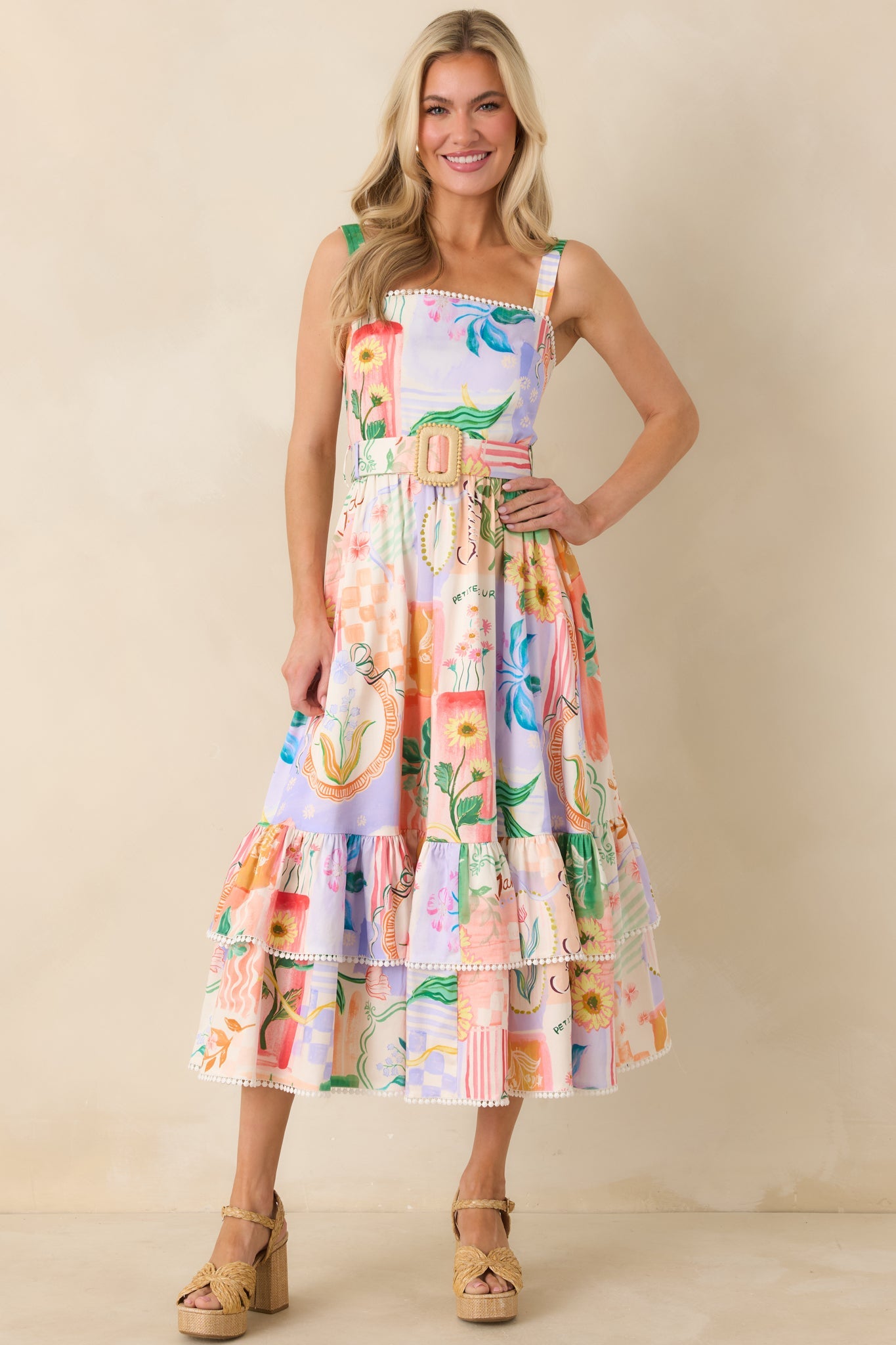 Prosperina Cassandra Peach Multi Floral Cotton Midi Dress