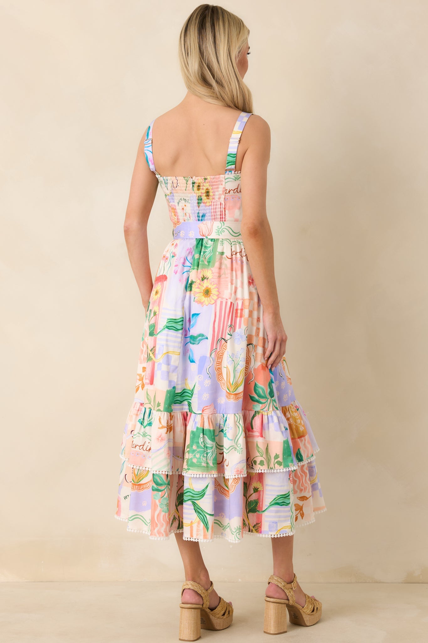 Prosperina Cassandra Peach Multi Floral Cotton Midi Dress