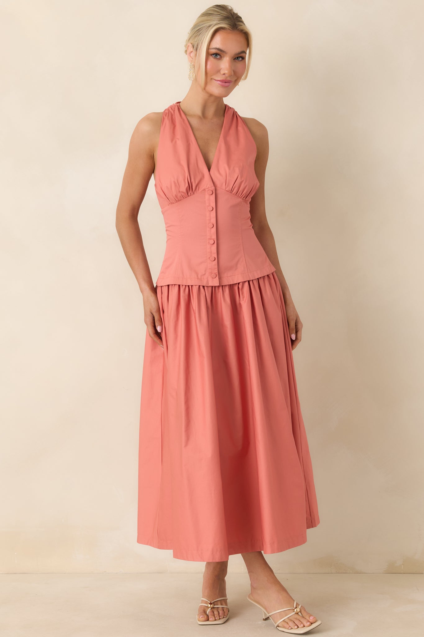 In the Warm Breeze Coral Orange Cotton Structured Bodice Sleeveless Midi Dress
