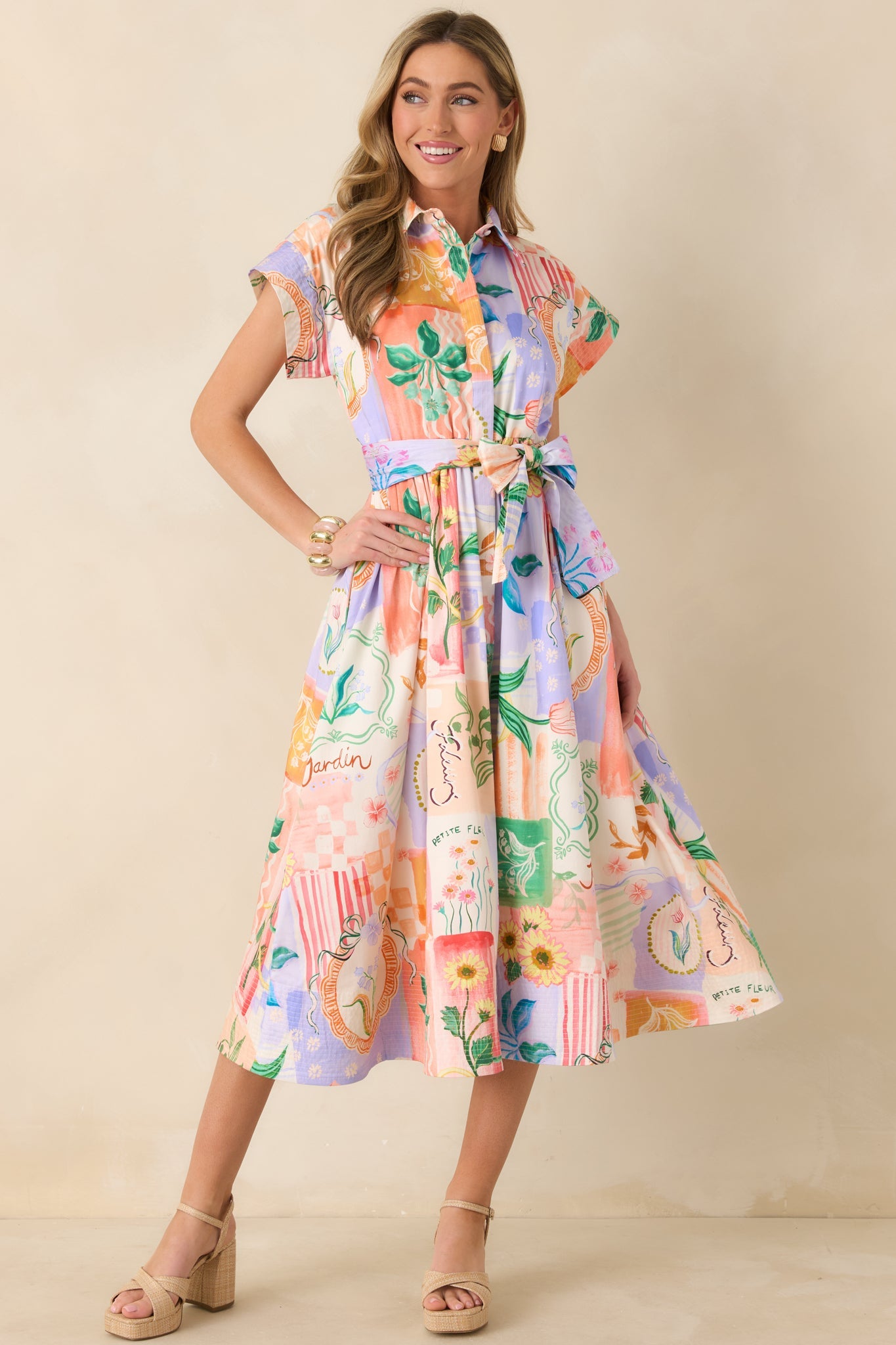 Prosperina Savannah Peach Multi Floral Cotton Midi Dress