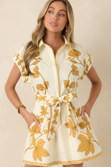 Aylaya Sarah Ivory & Honey Gold Floral Cotton Belted Mini Dress