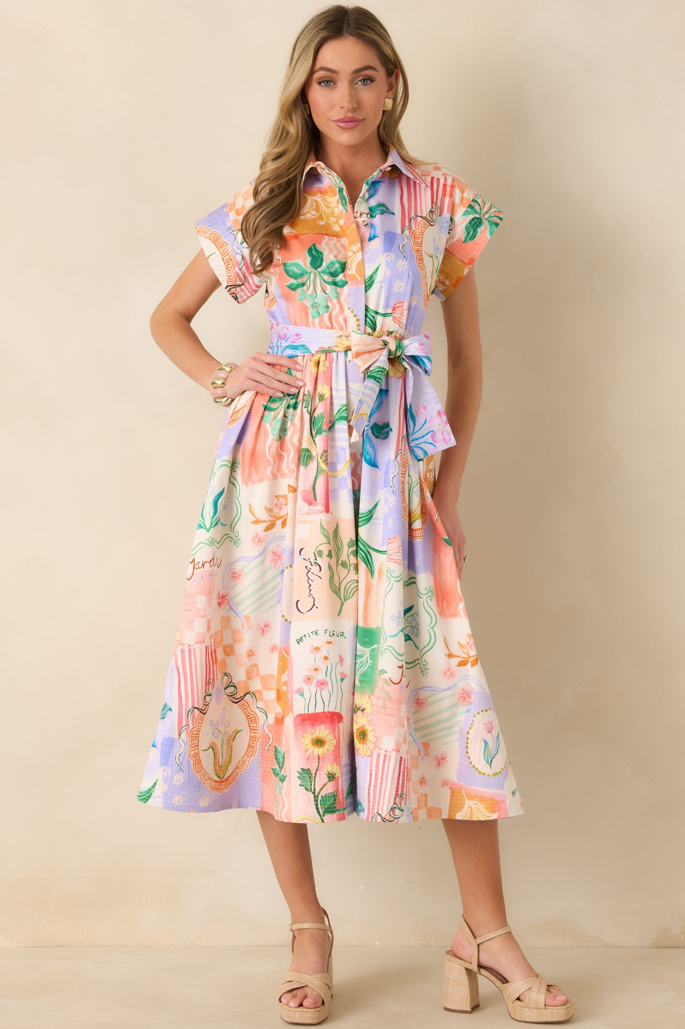 Prosperina Savannah Peach Multi Floral Cotton Midi Dress