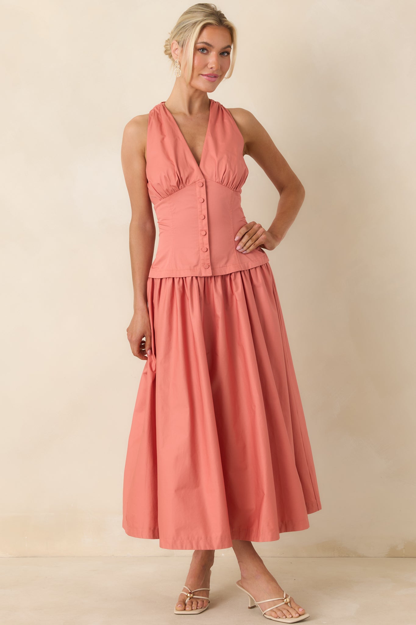 In the Warm Breeze Coral Orange Cotton Structured Bodice Sleeveless Midi Dress