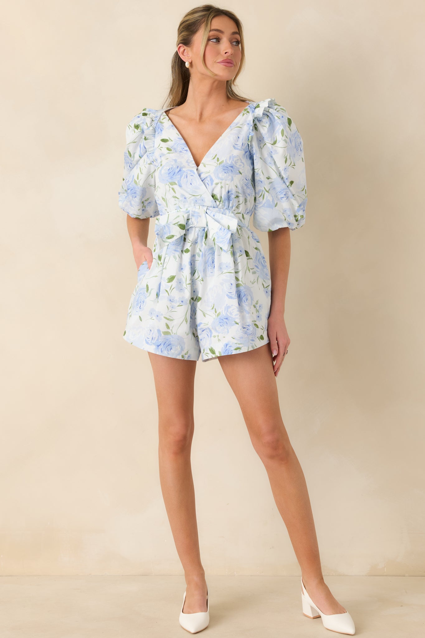 Prosperina Atalanta Light Blue Floral Print Cotton Puff Sleeve Romper