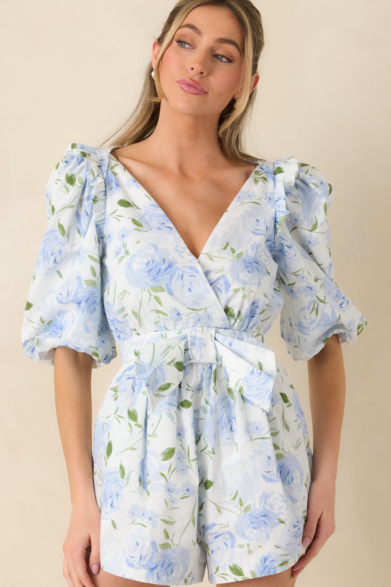 Prosperina Atalanta Light Blue Floral Print Cotton Puff Sleeve Romper