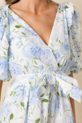 Prosperina Atalanta Light Blue Floral Print Cotton Puff Sleeve Romper