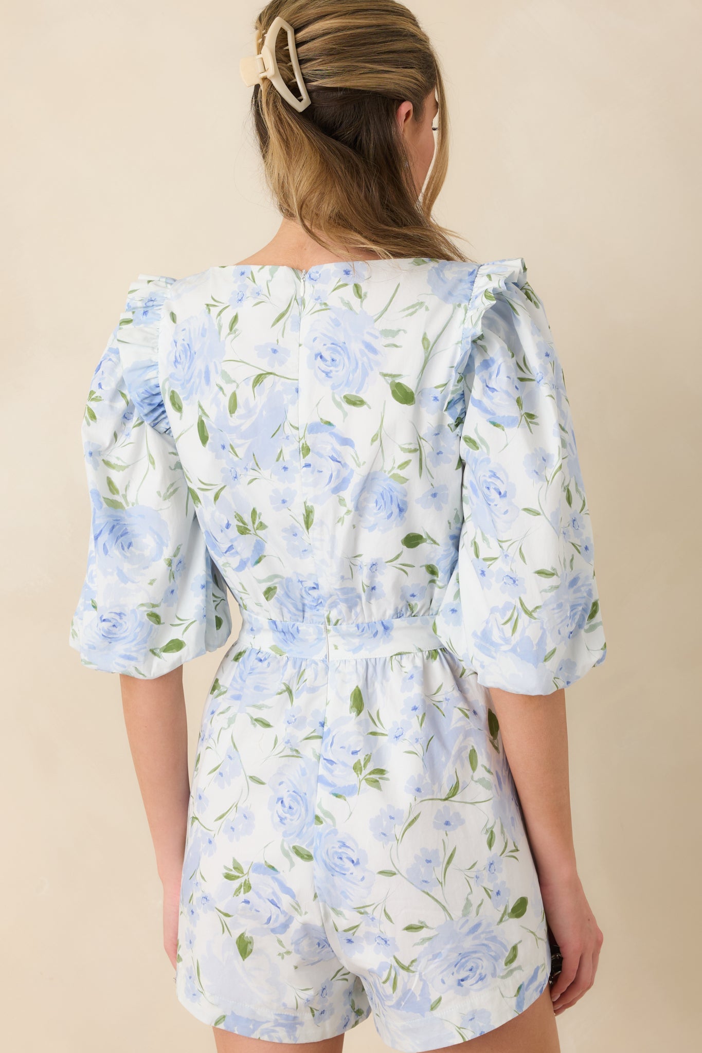 Prosperina Atalanta Light Blue Floral Print Cotton Puff Sleeve Romper