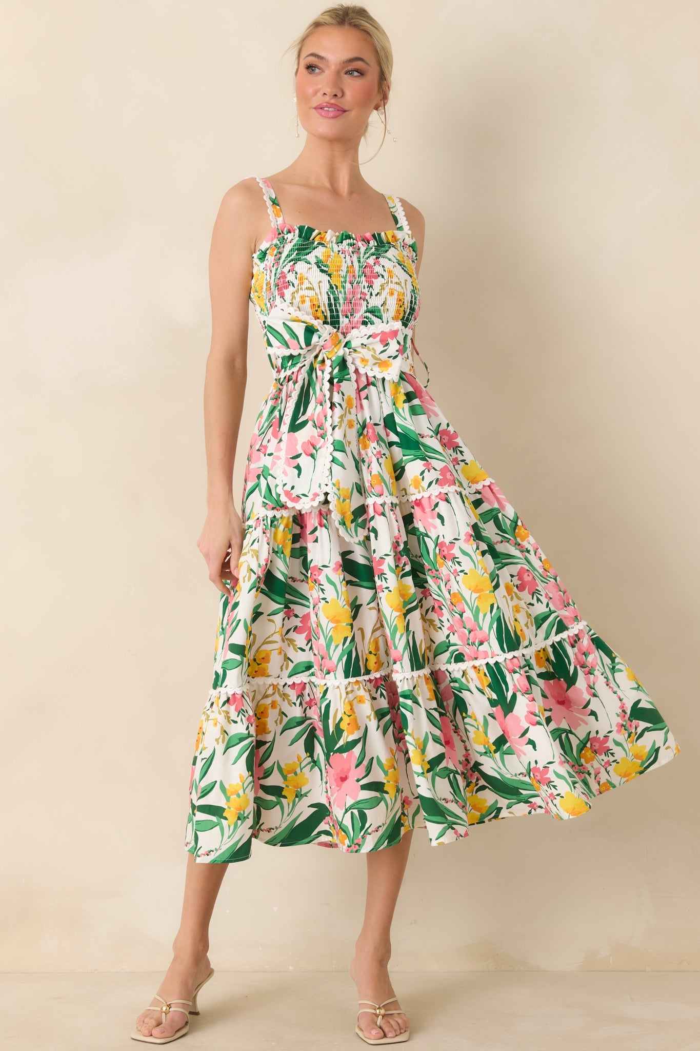 Prosperina Darcy Green & Pink Multi Floral Cotton Midi Dress